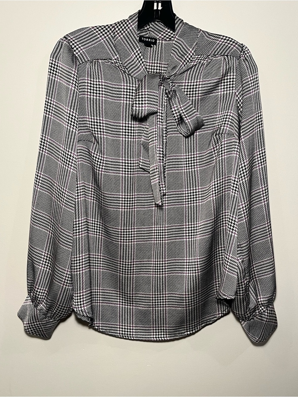 Torrid Purple,  Black & White Plaid Tie-Neck Blouse